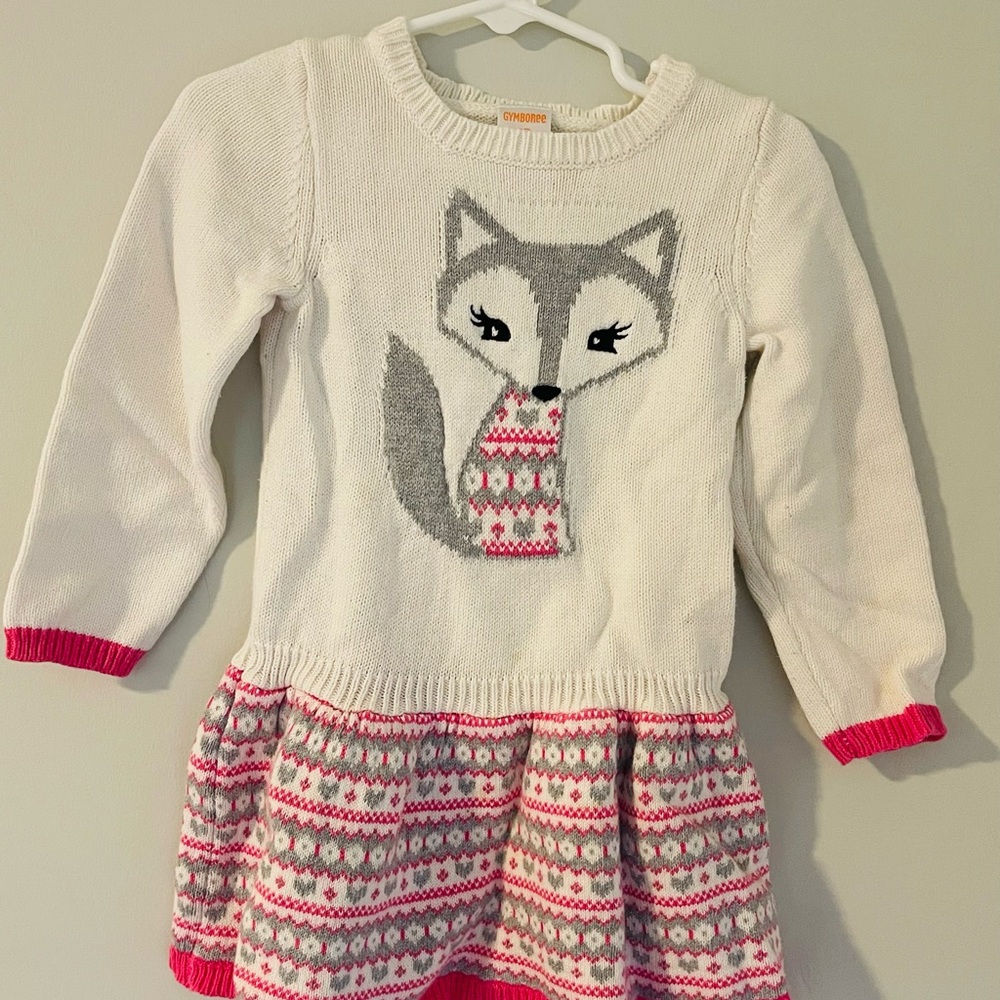 Gymboree Kids Fox Sweater Dress - White, Pink, and Gray
